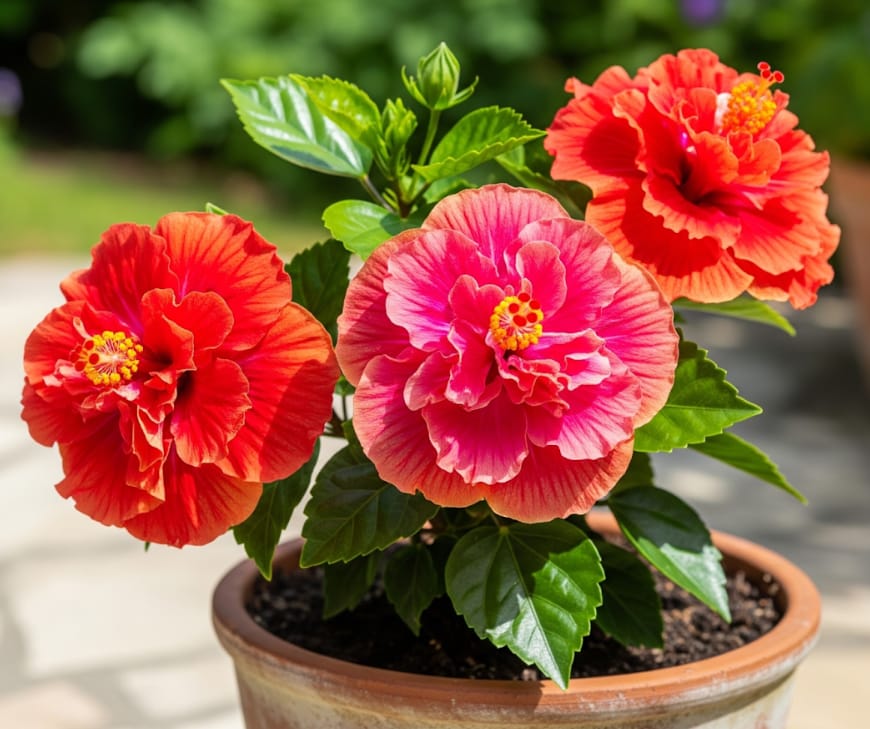 Multi-petal hibiscus potted plant. Different types of hibiscus flowers.