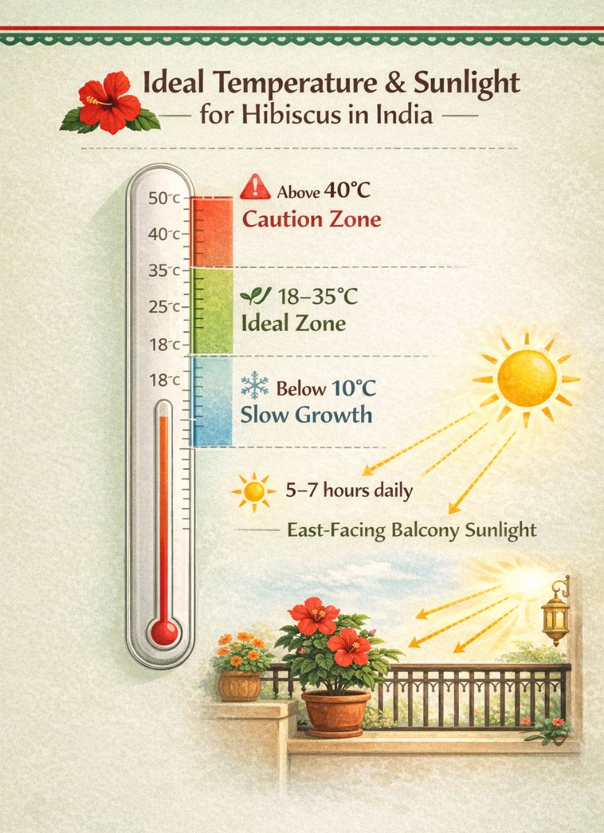 Ideal sunlight and temperature range for the hibiscus plant flowering season in India