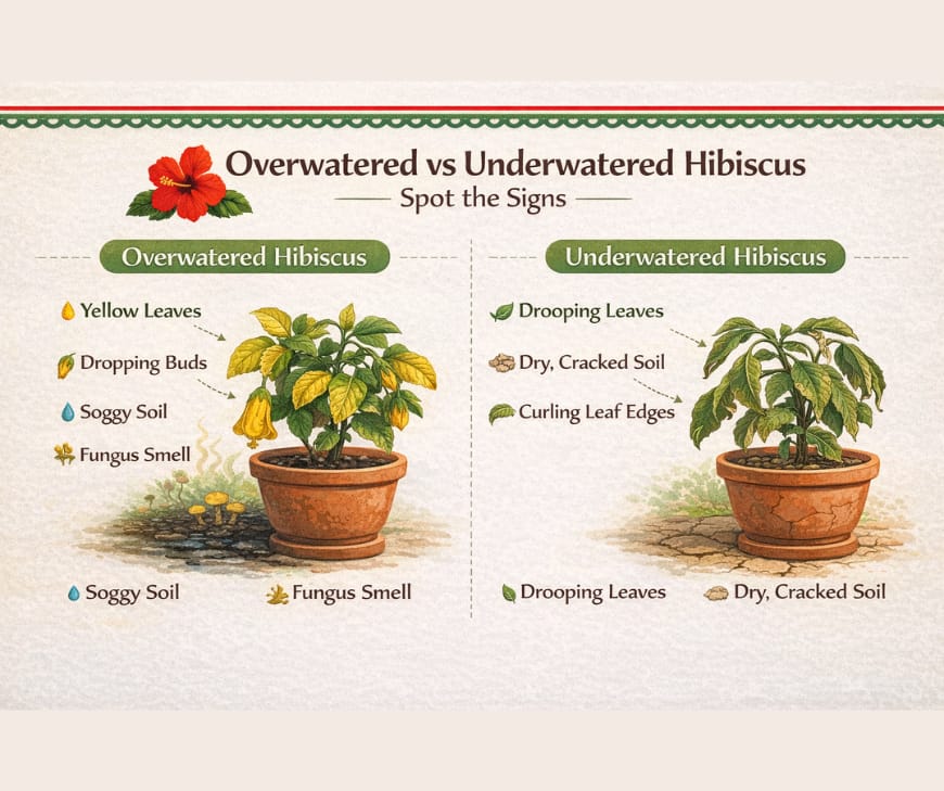 Signs of an overwatered hibiscus plant include yellow leaves and drooping hibiscus leaves drooping