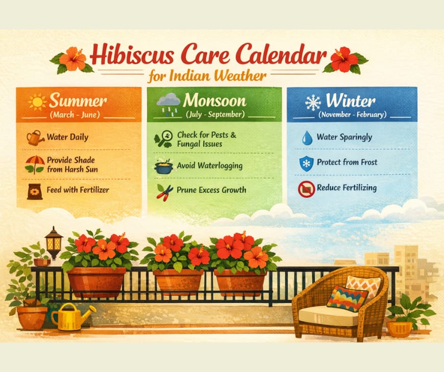 Seasonal hibiscus care calendar India for potted hibiscus flowering season