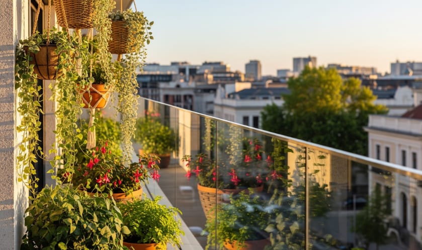Balcony view in a city with potted plants adding greenery and charm.