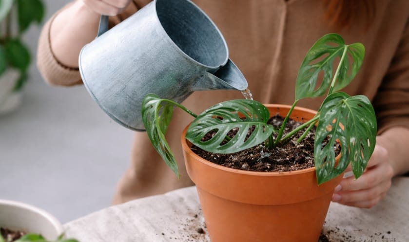 Man watering a Monstera plant, caring for indoor greenery