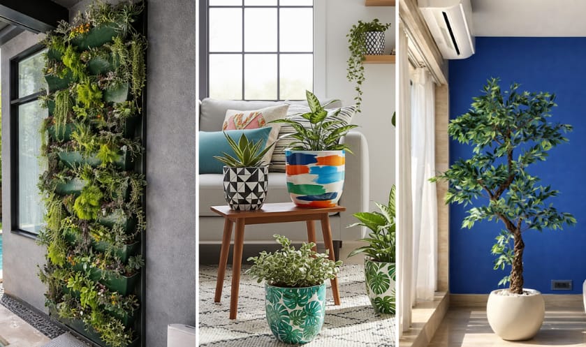 Images showing an aesthetic plant pot, a ficus plant in a living room, and decorative wall art.