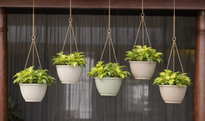 Balcony with hanging pots filled with green plants, adding charm and greenery.