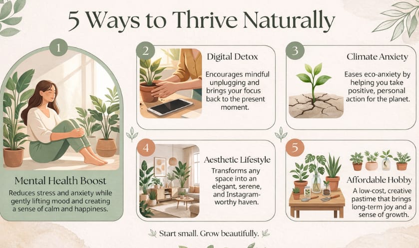 Illustration showing how plants support mental well-being and reduce lifestyle stress.