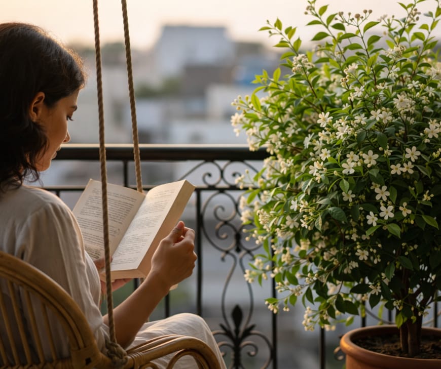 Balcony View with blooming Madhu Kamini plant