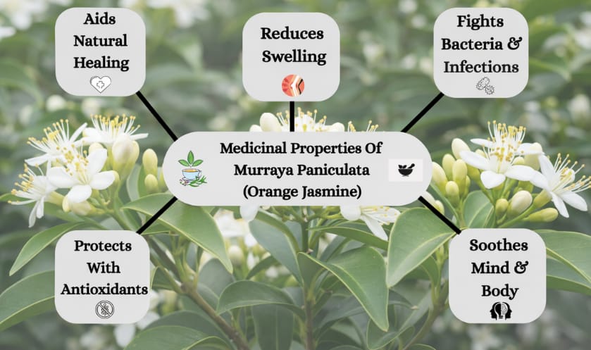 Orange jasmine plant with leaves and flowers, highlighting its medicinal benefits.