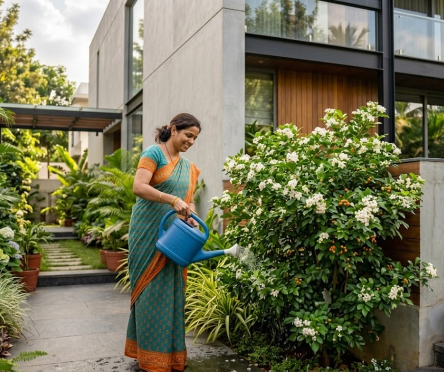 Woman watering and caring for a Madhu Kamini plant in bloom.