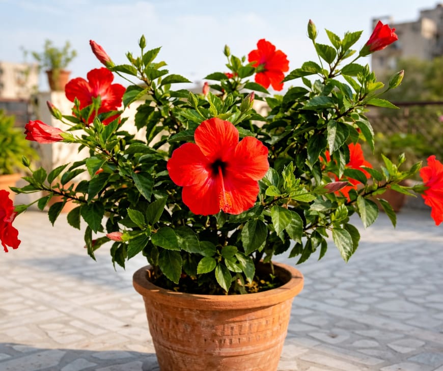Hibiscus / Gudhal Large, bold flowers that transform your balcony instantly.