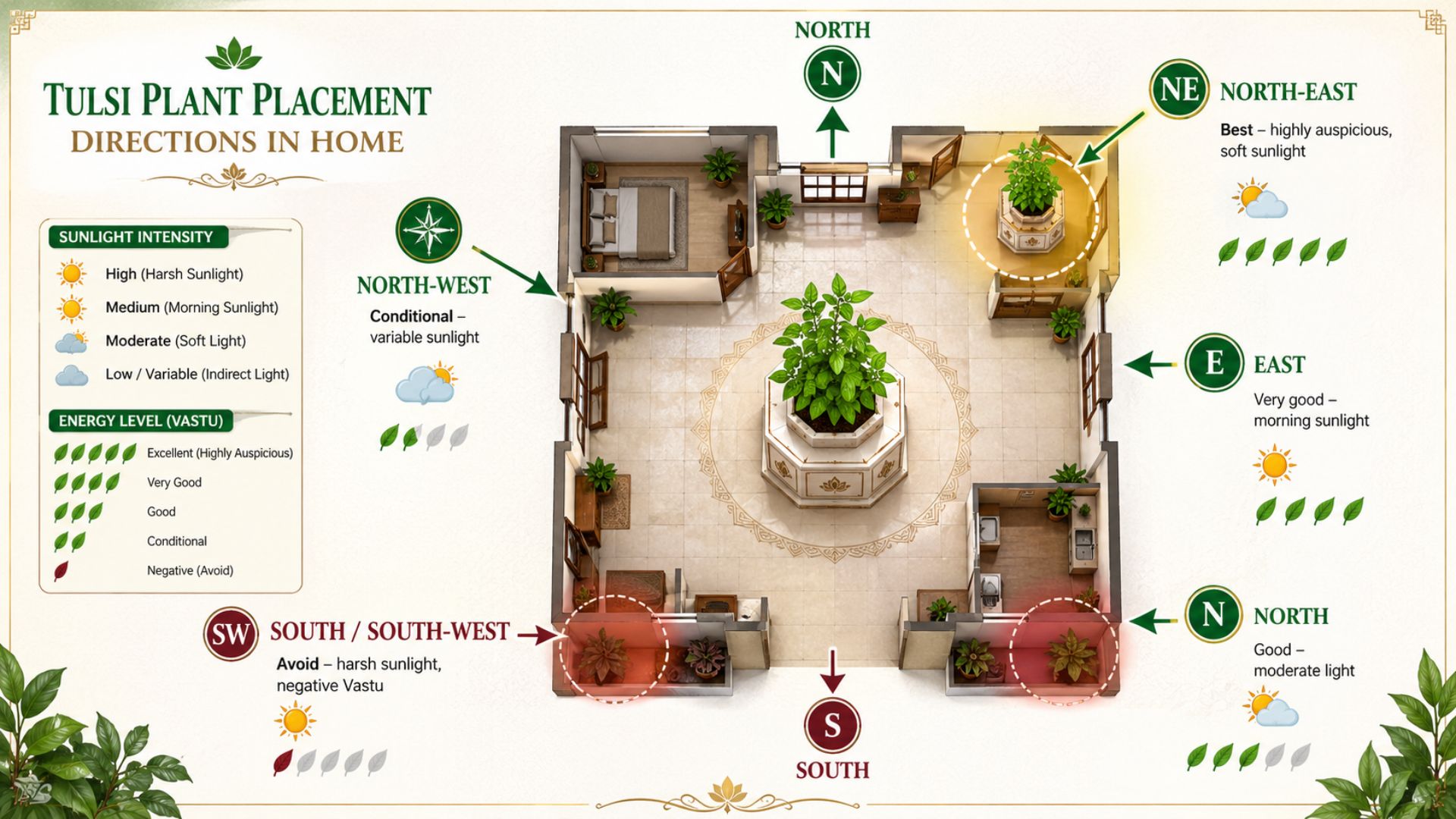 A detailed image showing the Tulsi plant placement at home
