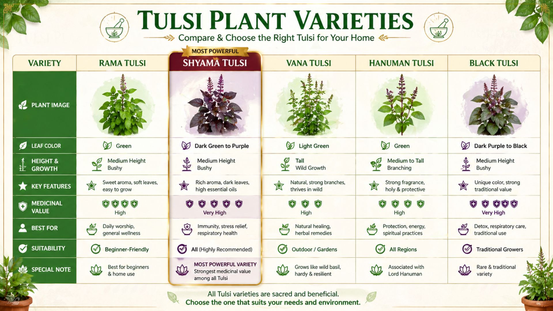 Detailed description about the various types of Tulsi plants and categorising Shyama Tulsi as the most powerful and best one