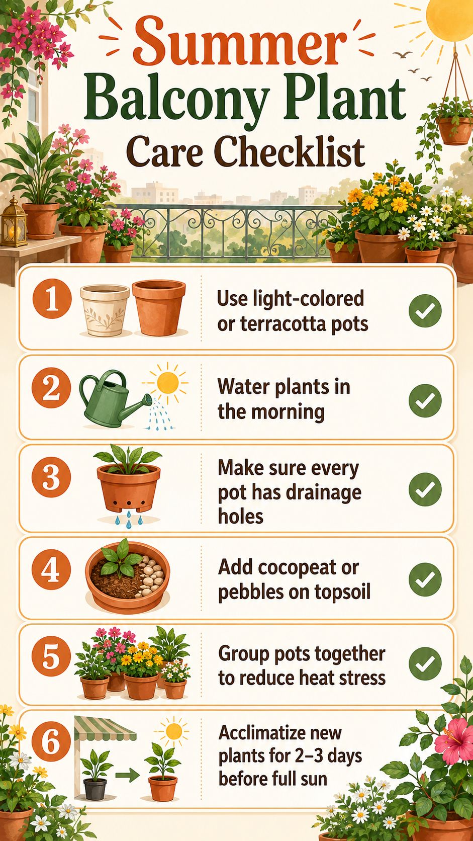 Infographic showing summer balcony plant care checklist