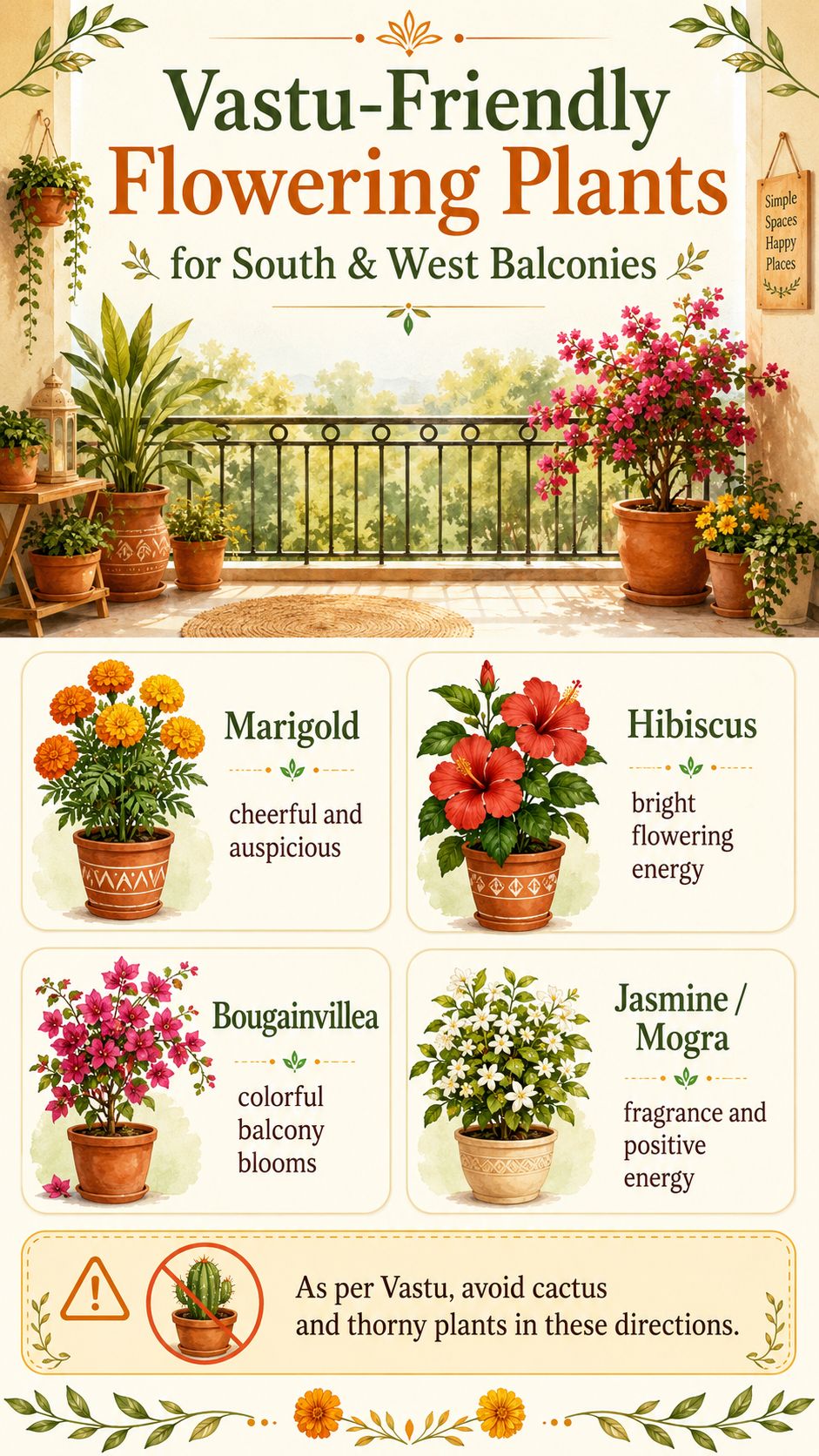 Infographic showing Vastu-friendly flowering plants for south and west balconies