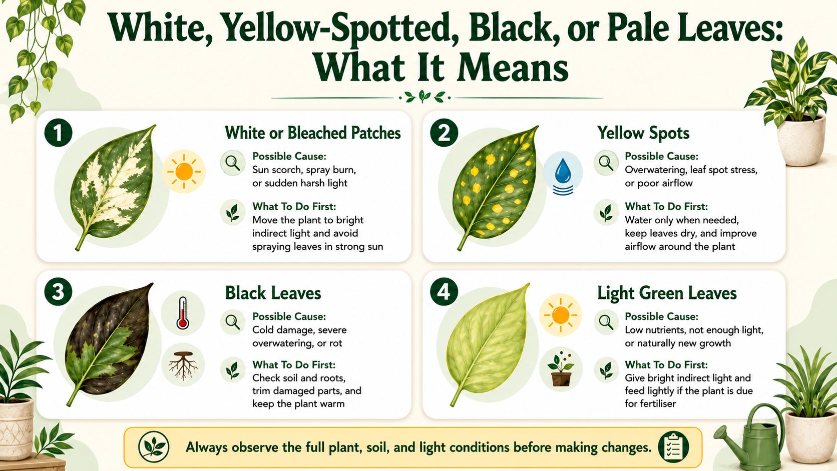White, Bleached, Spotted, Black, and Light Green Leaves: What Does It Mean?