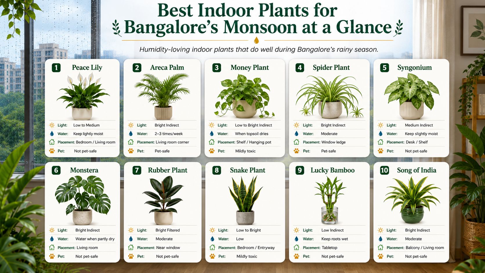List of 10 best indoor plants for Bangalore's monsoon season.