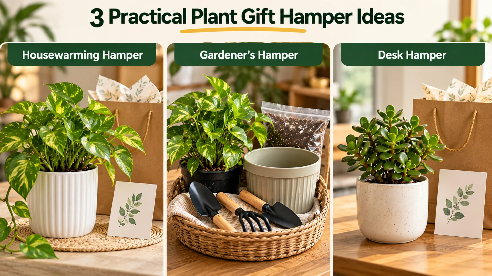3 Practical Plant Gift Hamper Ideas Three plant gifting hampers featuring Money Plants, gardening essentials, and a Jade Plant.