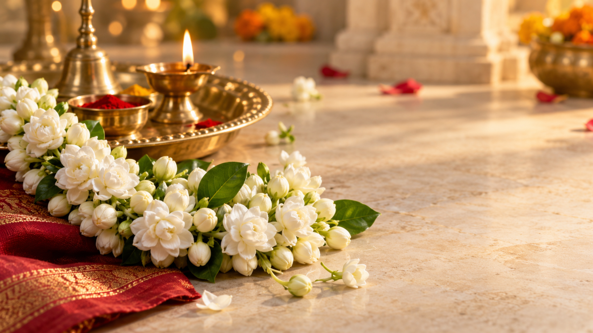 Fresh white mogra flowers used in Navratri worship and decorations