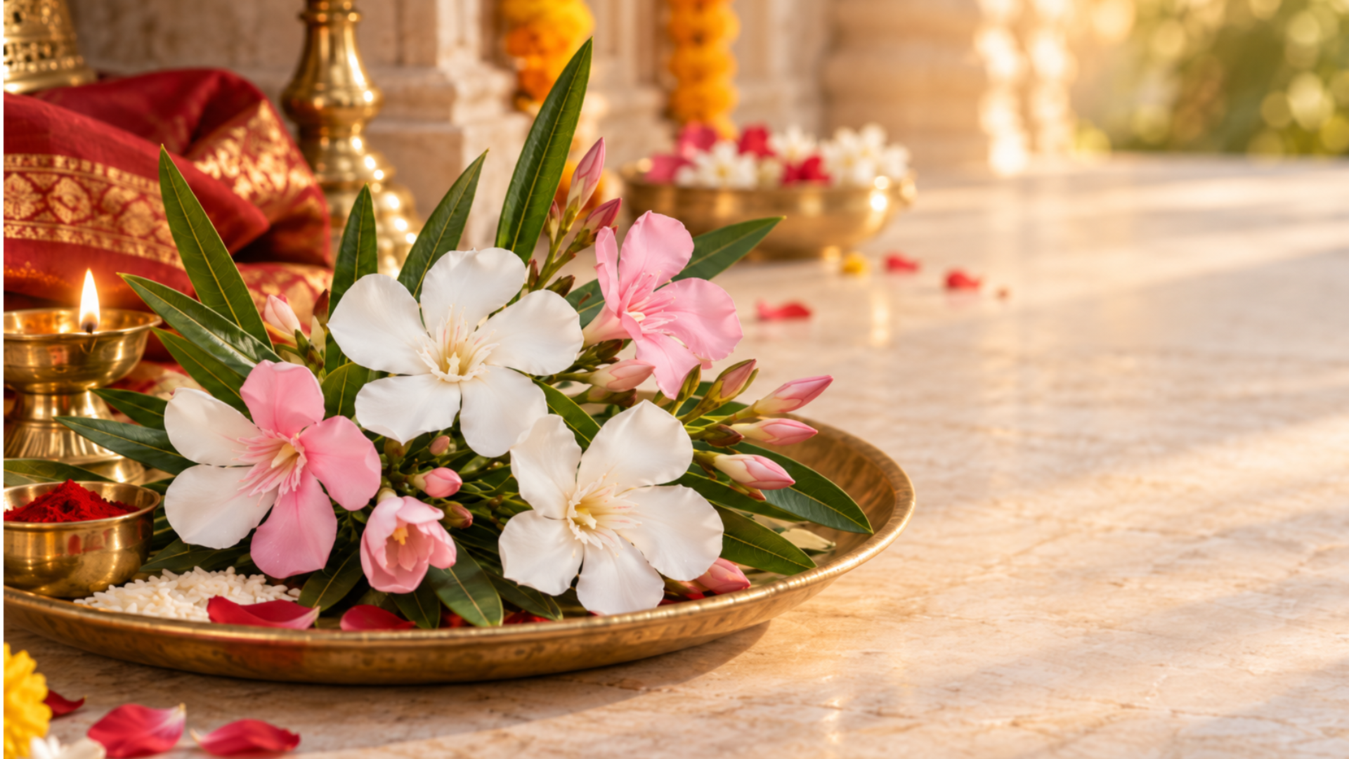 Pink and white oleander blooms placed for Navratri puja rituals