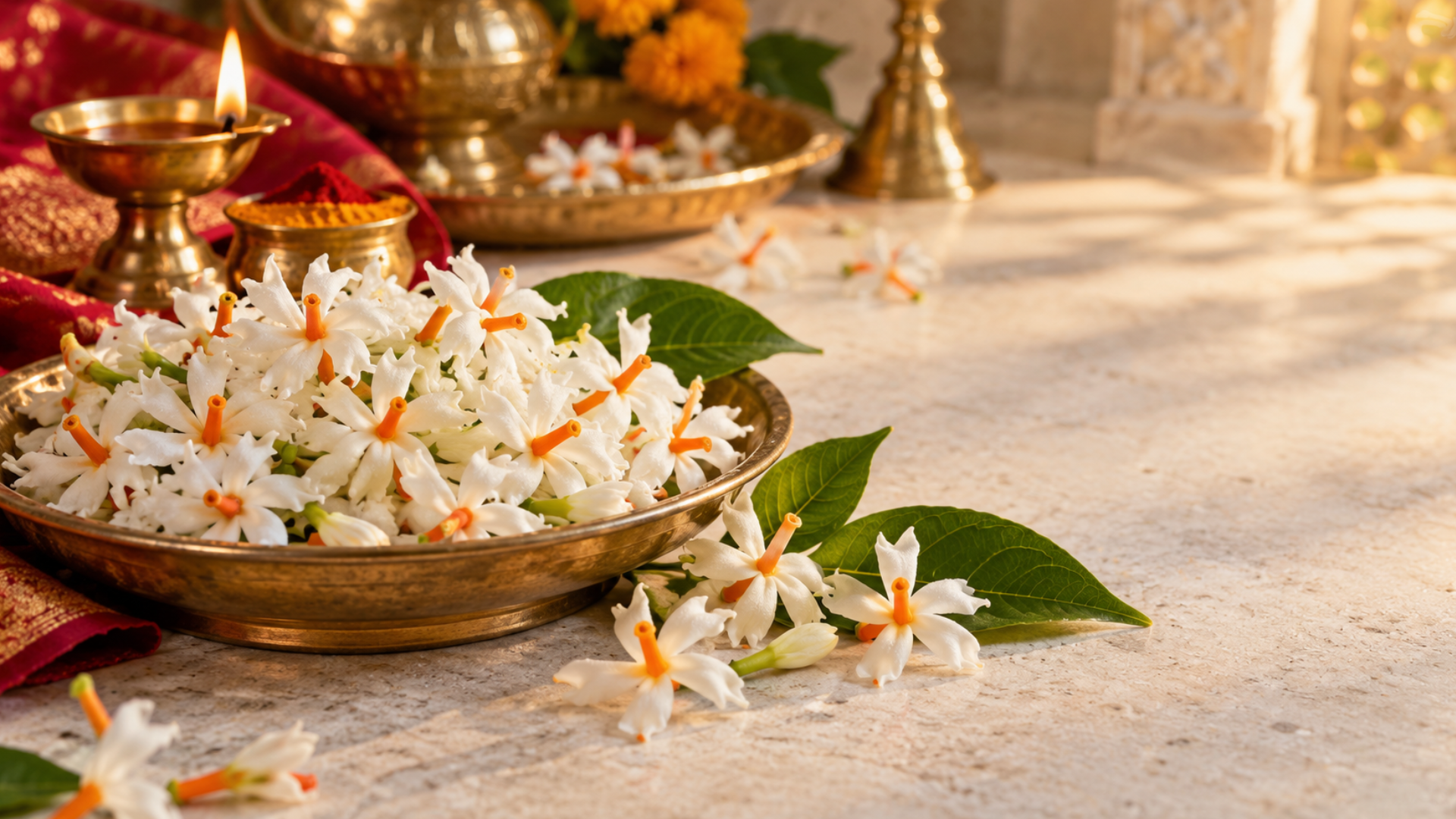White Parijat flowers arranged for Navratri puja offerings