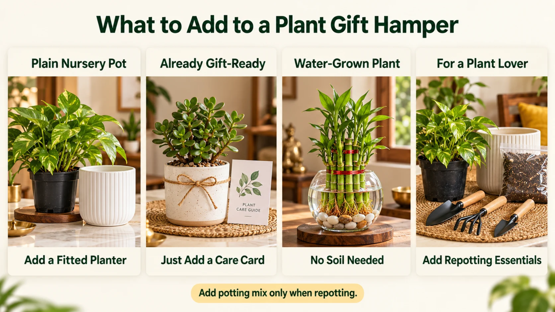 What to Add to a Plant Gift Hamper Four plant gift hamper types showing a money plant with a fitted planter, a gift-ready jade with a care card, lucky bamboo in water needing no soil, and a plant with repotting tools