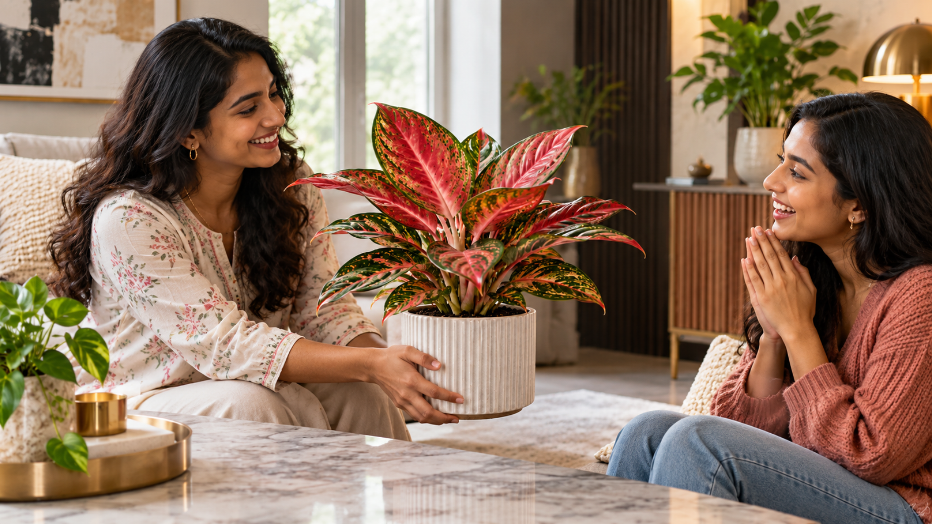 Woman gifts red aglaonema to friend