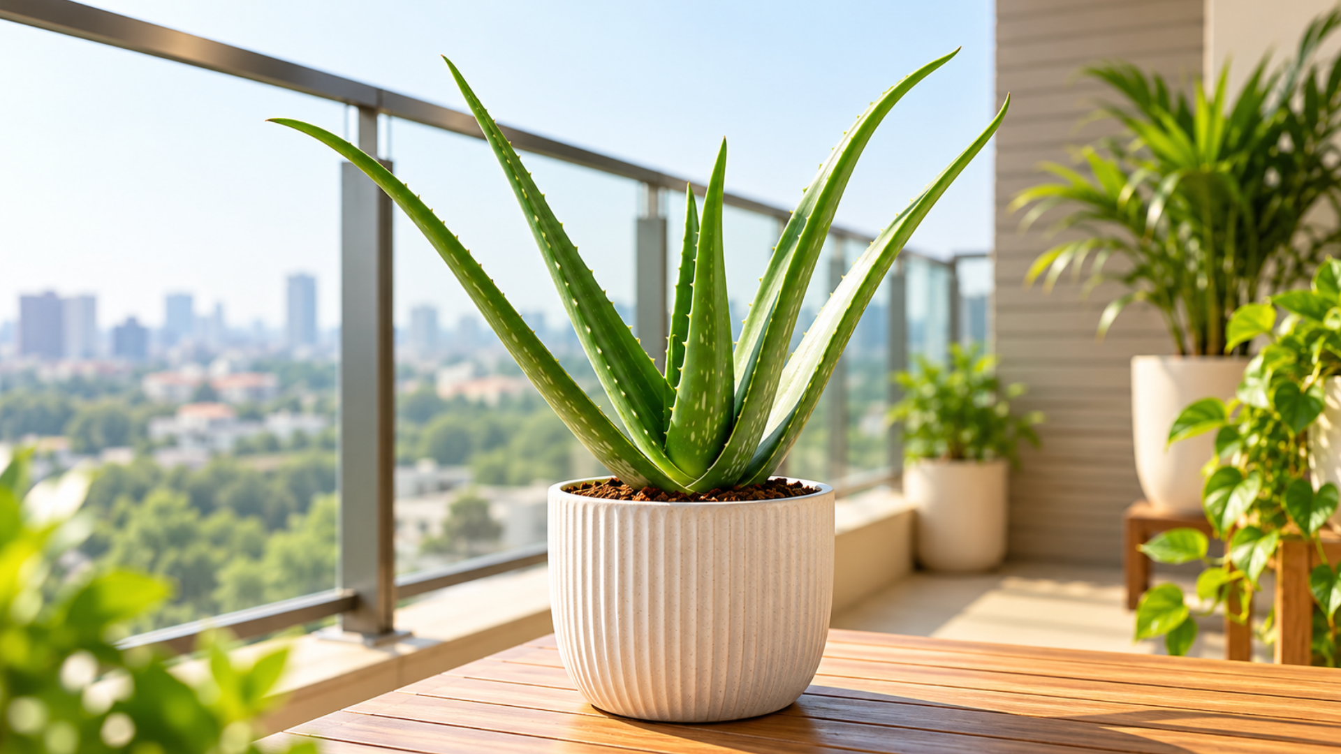 Aloe vera plant with upright spotted leaves in a white ribbed pot on a balcony table