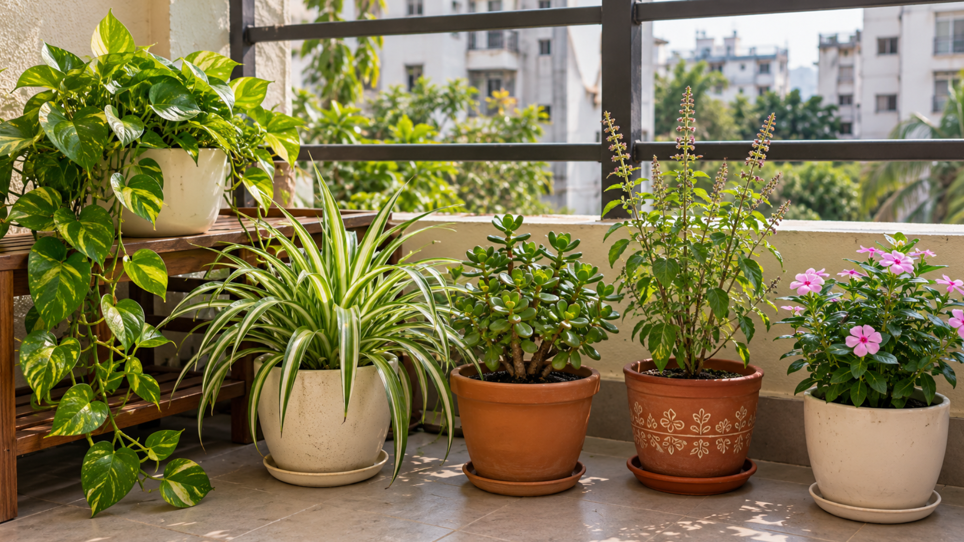 best-balcony-plants-bangalore Potted money plant, spider plant and flowering plants on a Bangalore balcony