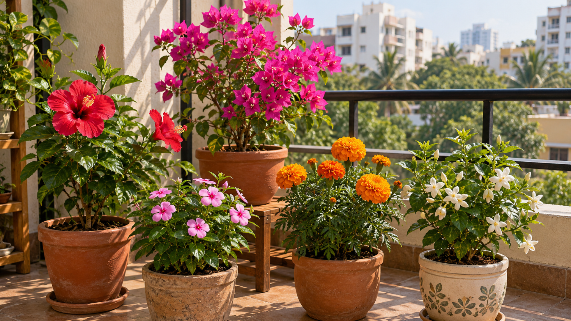 best-flowering-plants-bangalore Colourful hibiscus, bougainvillea, marigold and vinca plants on a balcony