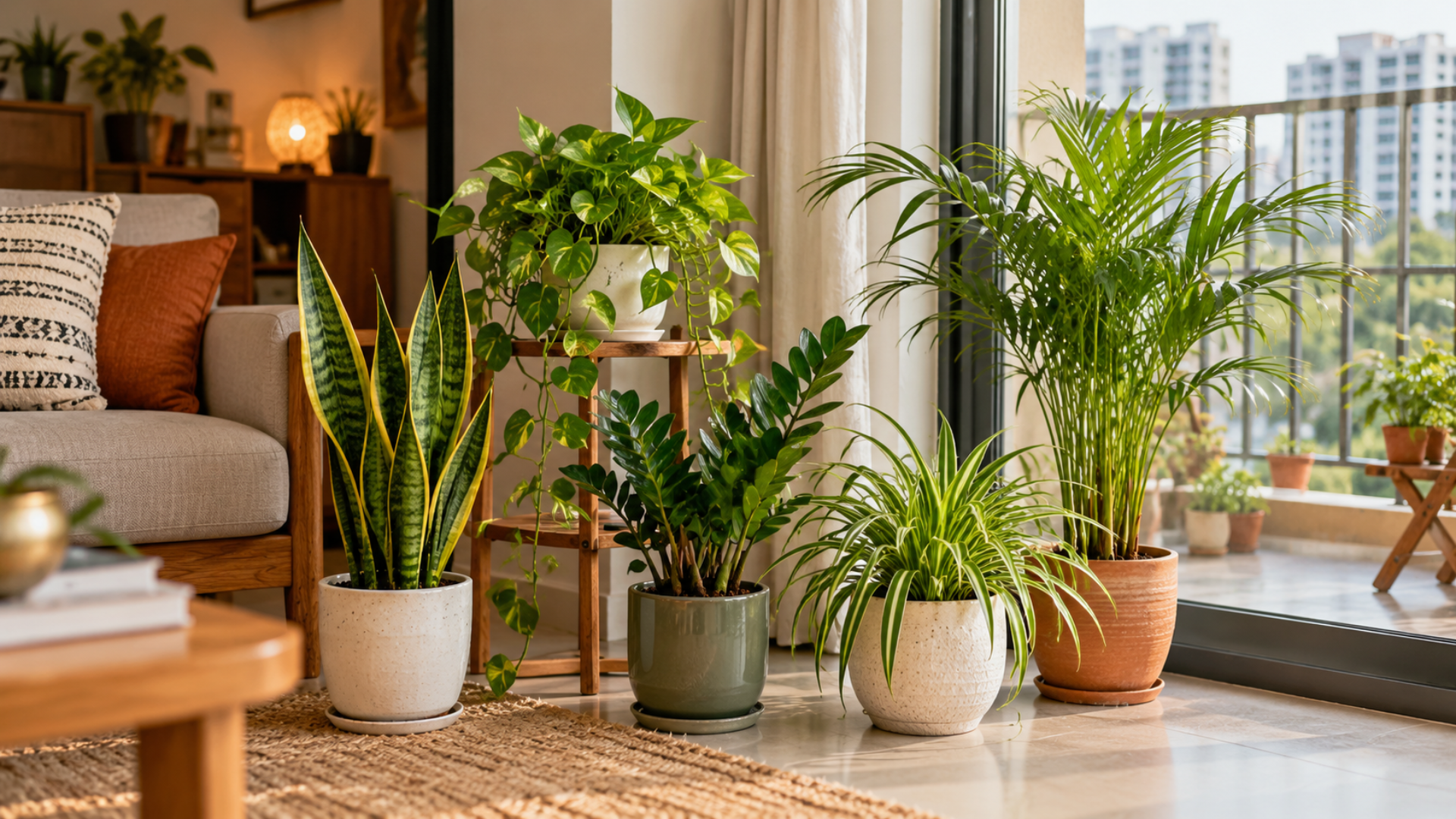 Snake plant, money plant, spider plant, and areca palm in a living room