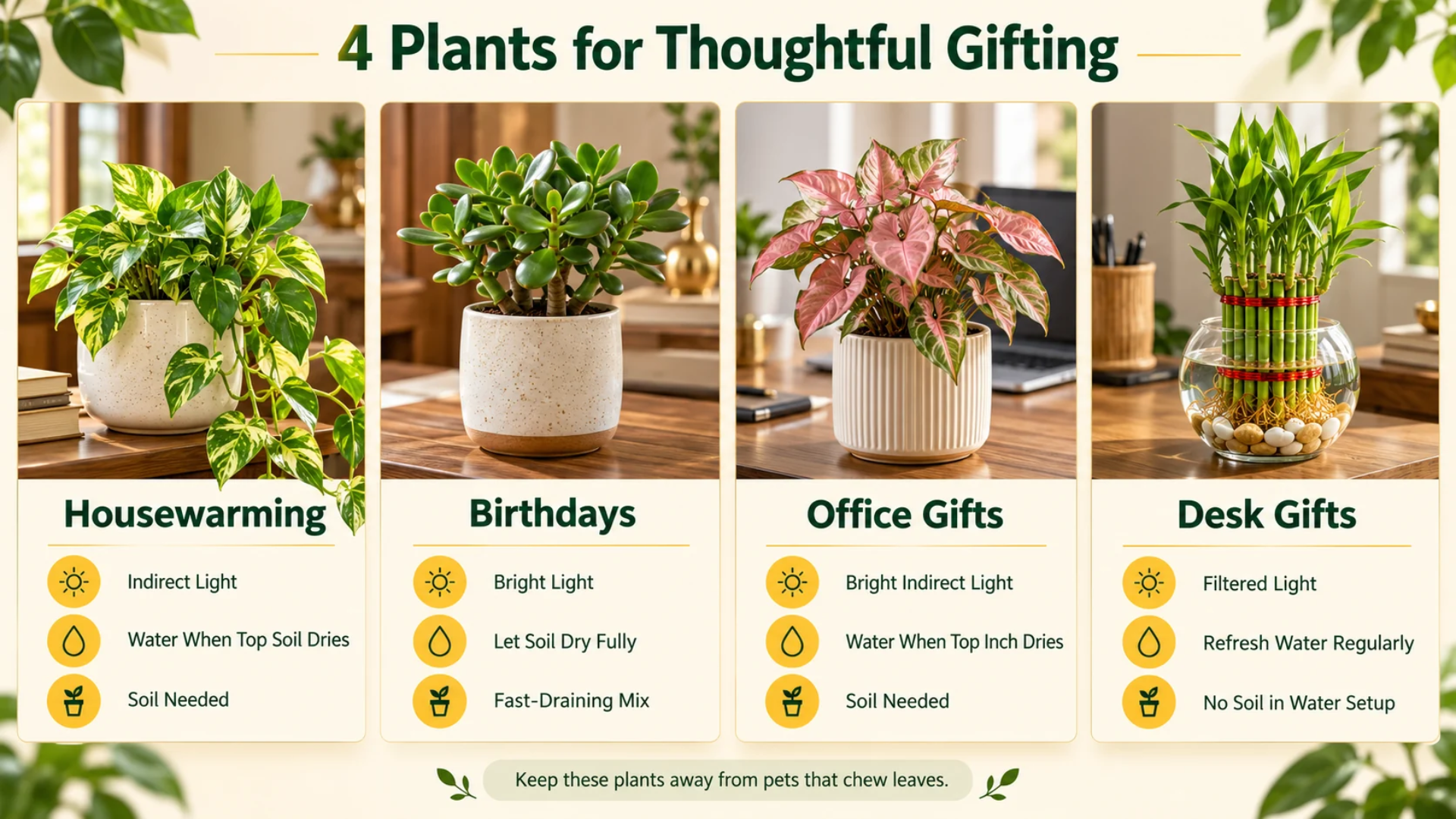 4 Best Plants for Thoughtful Gifting and Their Care Tips Money Plant, Jade Plant, Pink Syngonium, and Lucky Bamboo with essential plant care tips for gifting.