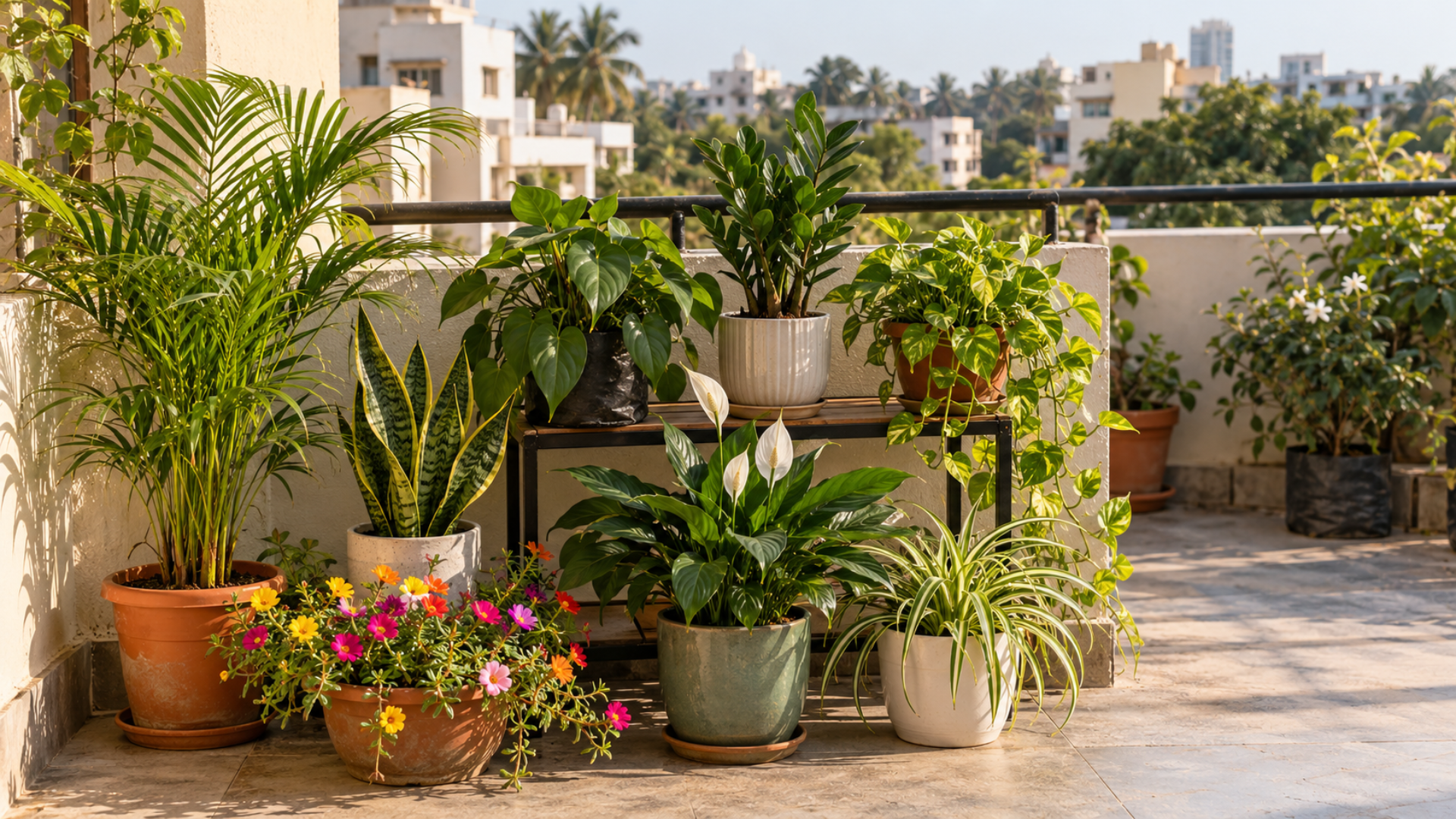 best-terrace-gardening-plants-bangalore Potted snake plant, areca palm and other greenery on a Bangalore terrace