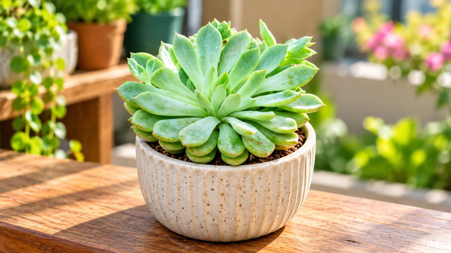 Green echeveria succulent with layered rosette leaves in a ribbed ceramic pot on a wooden table