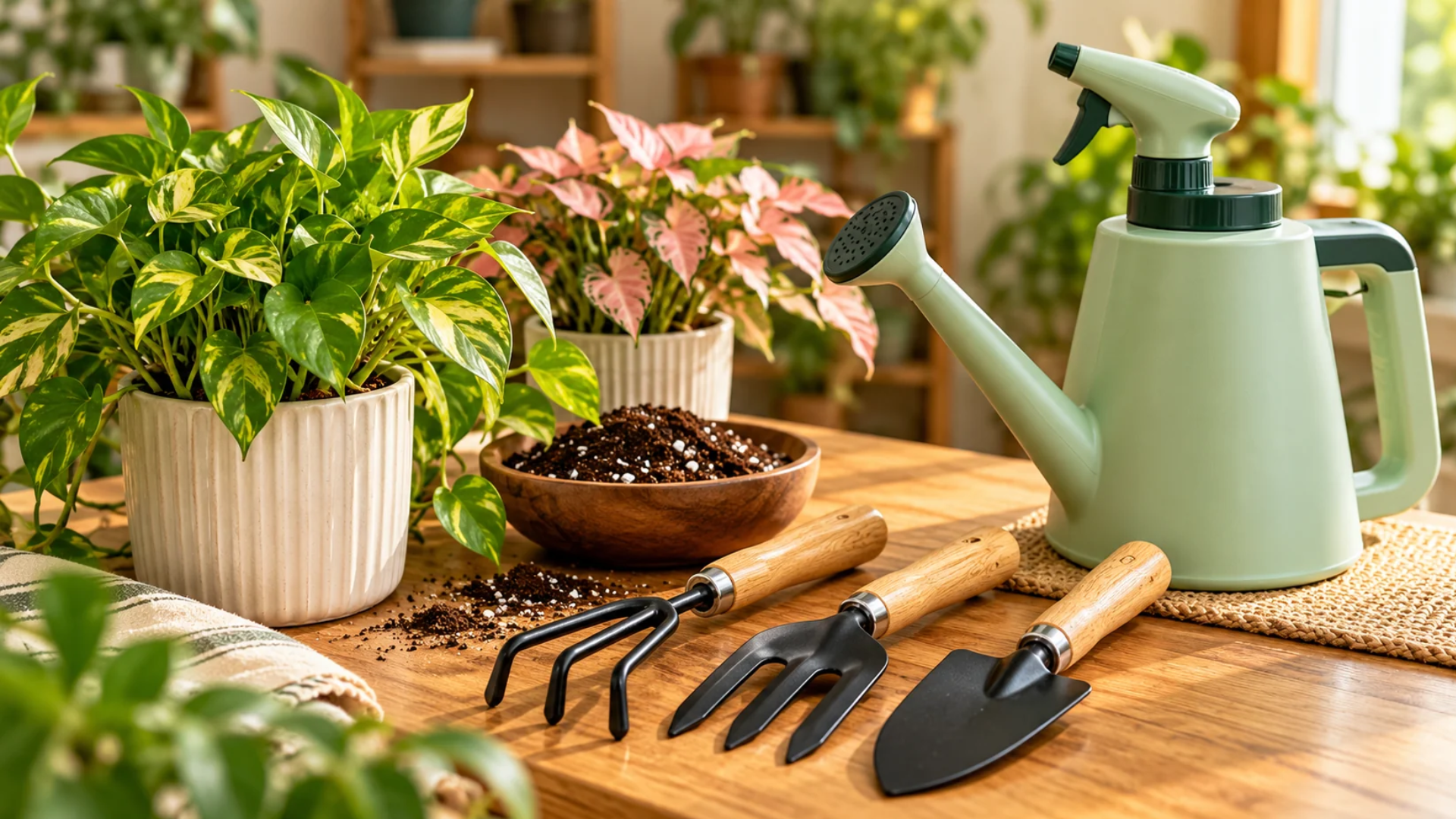 Essential Gardening Tools and Watering Accessories for Plant Lovers Three wooden-handled gardening tools and watering can beside healthy indoor plants.