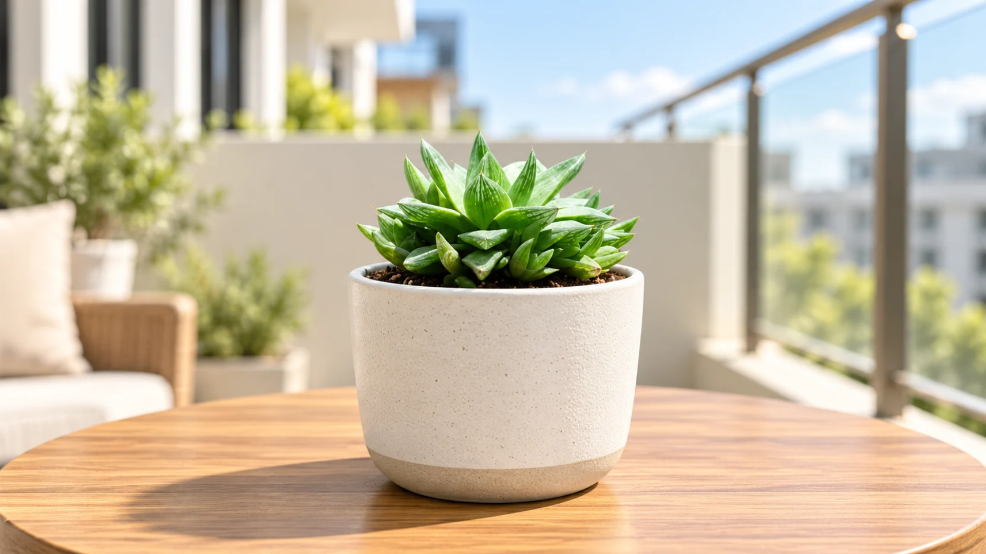 Compact haworthia succulent with pointed green leaves in a small white pot on a round wooden table