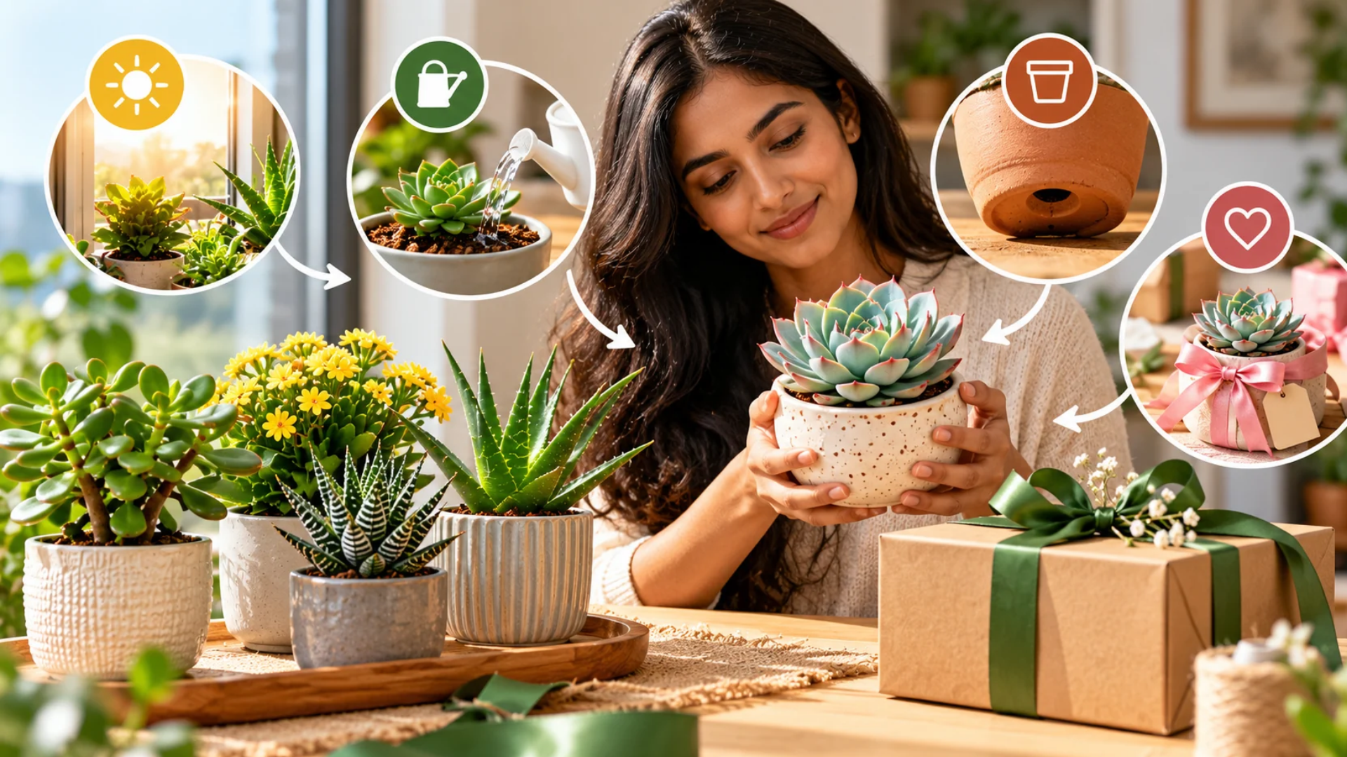 Woman holding a potted echeveria beside jade, haworthia and kalanchoe plants, with icons for light, watering, drainage and gifting