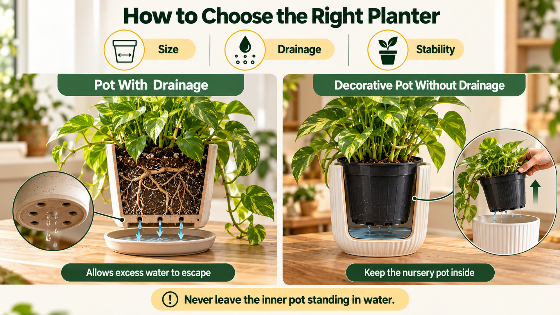 Comparison of drainage pots and decorative planters for healthy indoor Money Plants. How to Choose the Right Planter