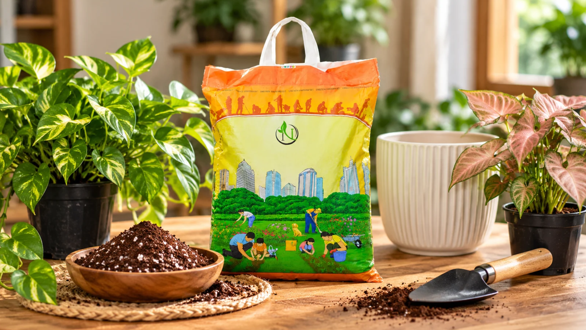 Indoor Potting Mix for Plant Gift Hampers Indoor potting mix with Money Plant, Syngonium, planter, and gardening tools.