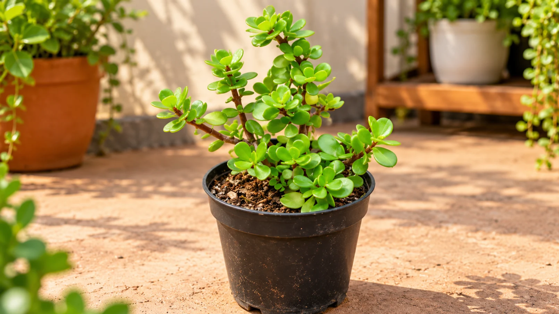 Jade plant with thick rounded green leaves growing in a black nursery pot