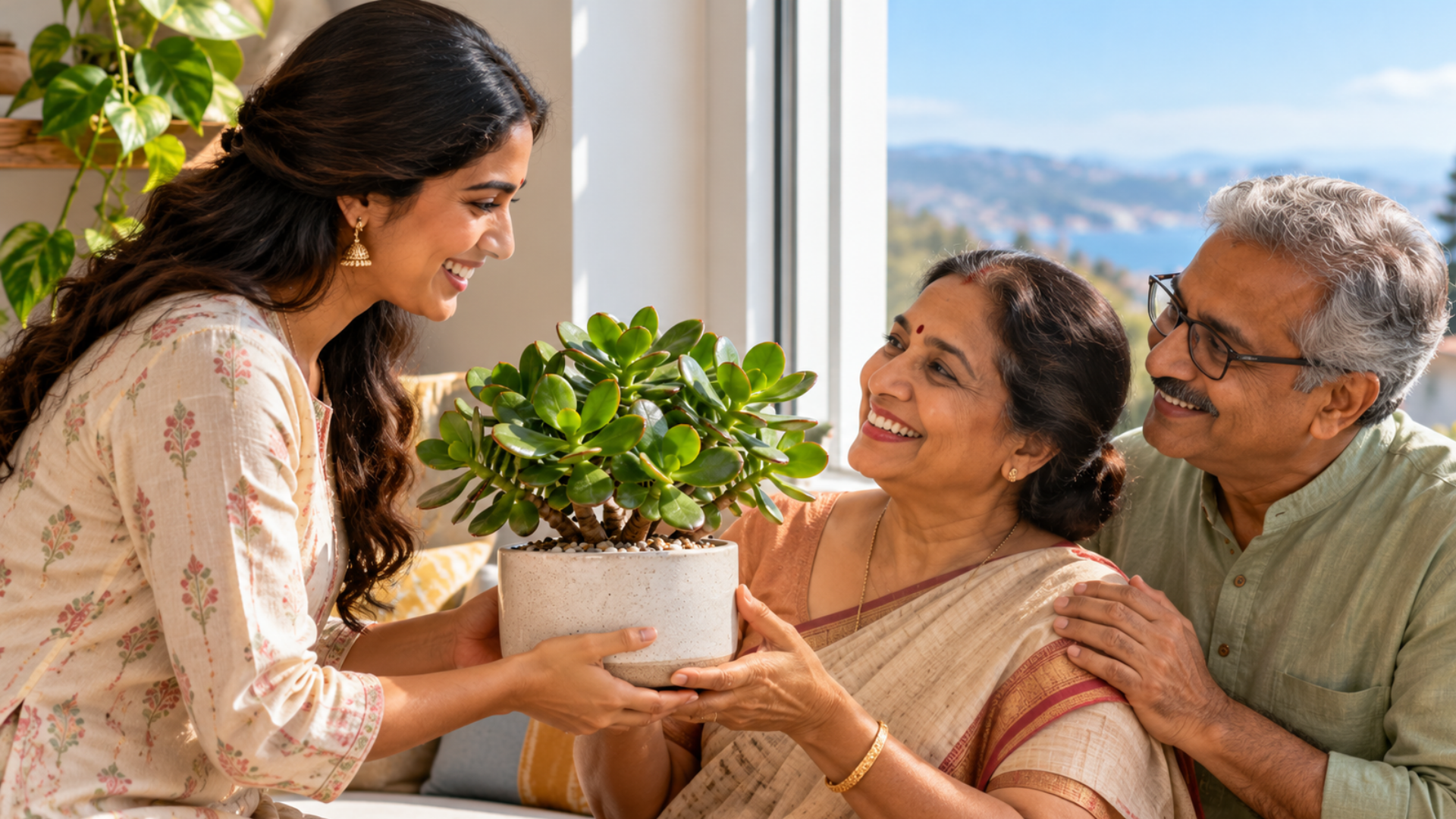 Daughter presents jade plant to parents