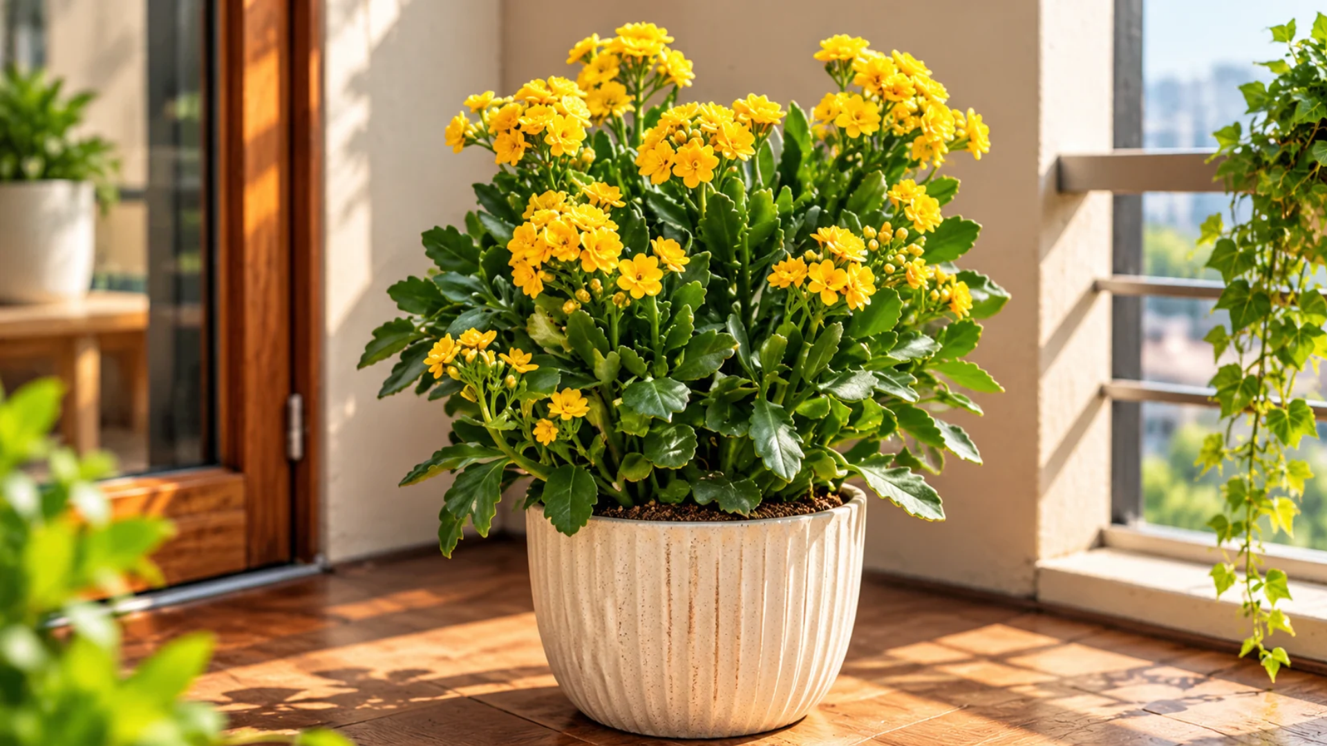 Kalanchoe plant with clusters of yellow flowers and glossy green leaves in a ribbed pot near a window