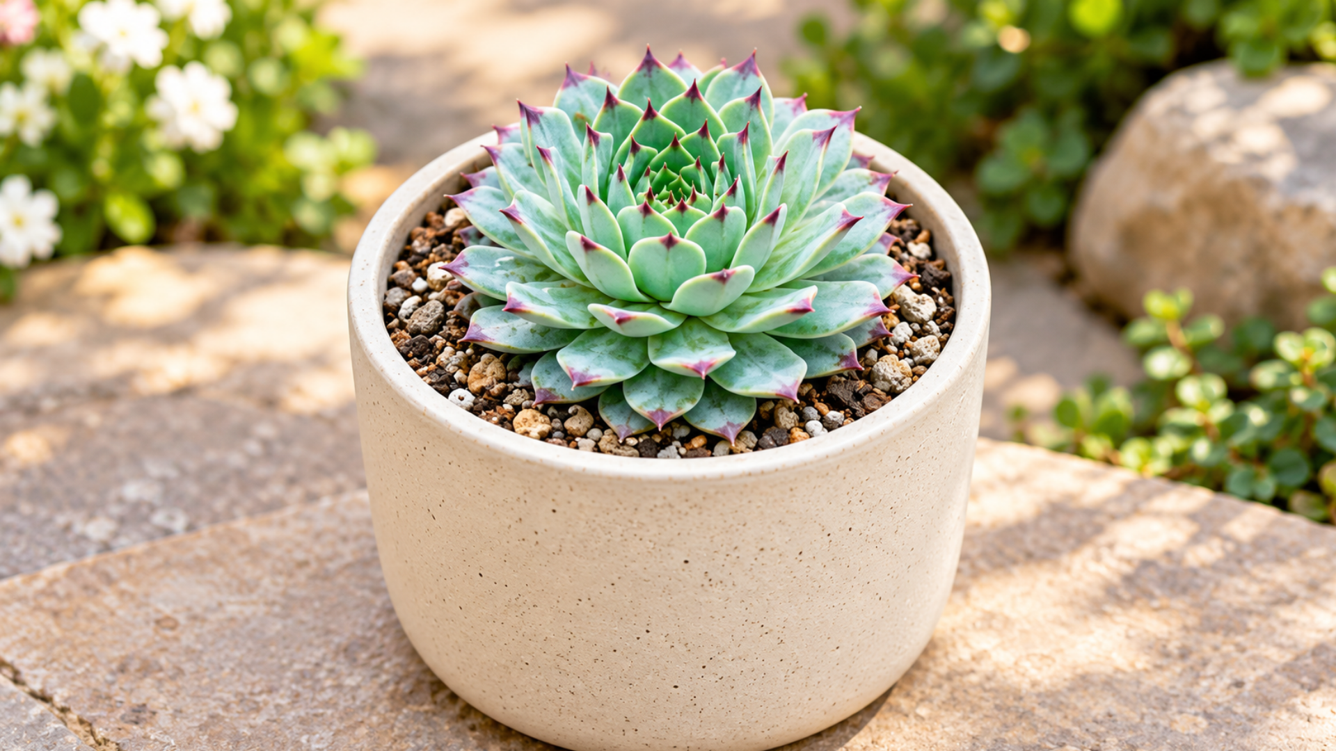 Laxmi Kamal succulent with pink-tipped rosette leaves in a cream stone pot with gravel topping