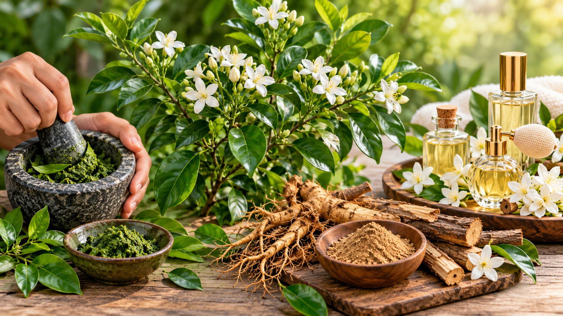 Madhu Kamini plant with white flowers, herbal leaf paste, roots, bark powder, and perfume oils.