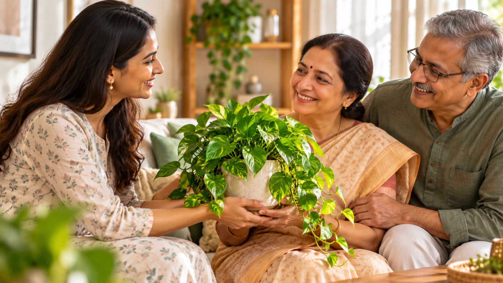 Daughter gives money plant to parents