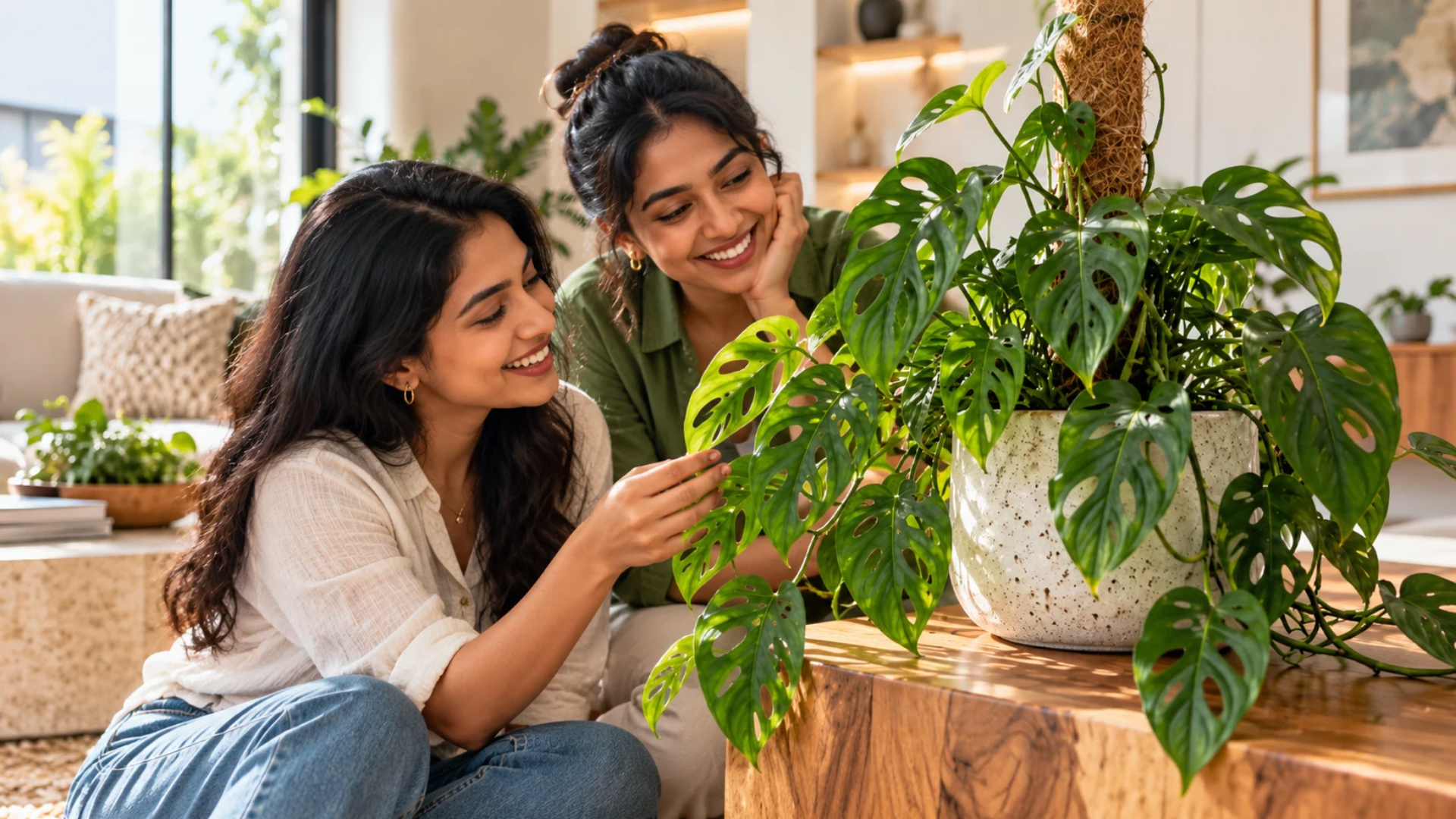 Two friends admire gifted monstera plant