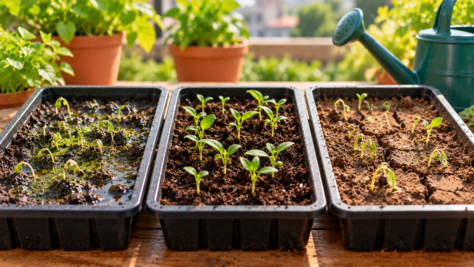 Seed trays showing different soil moisture levels