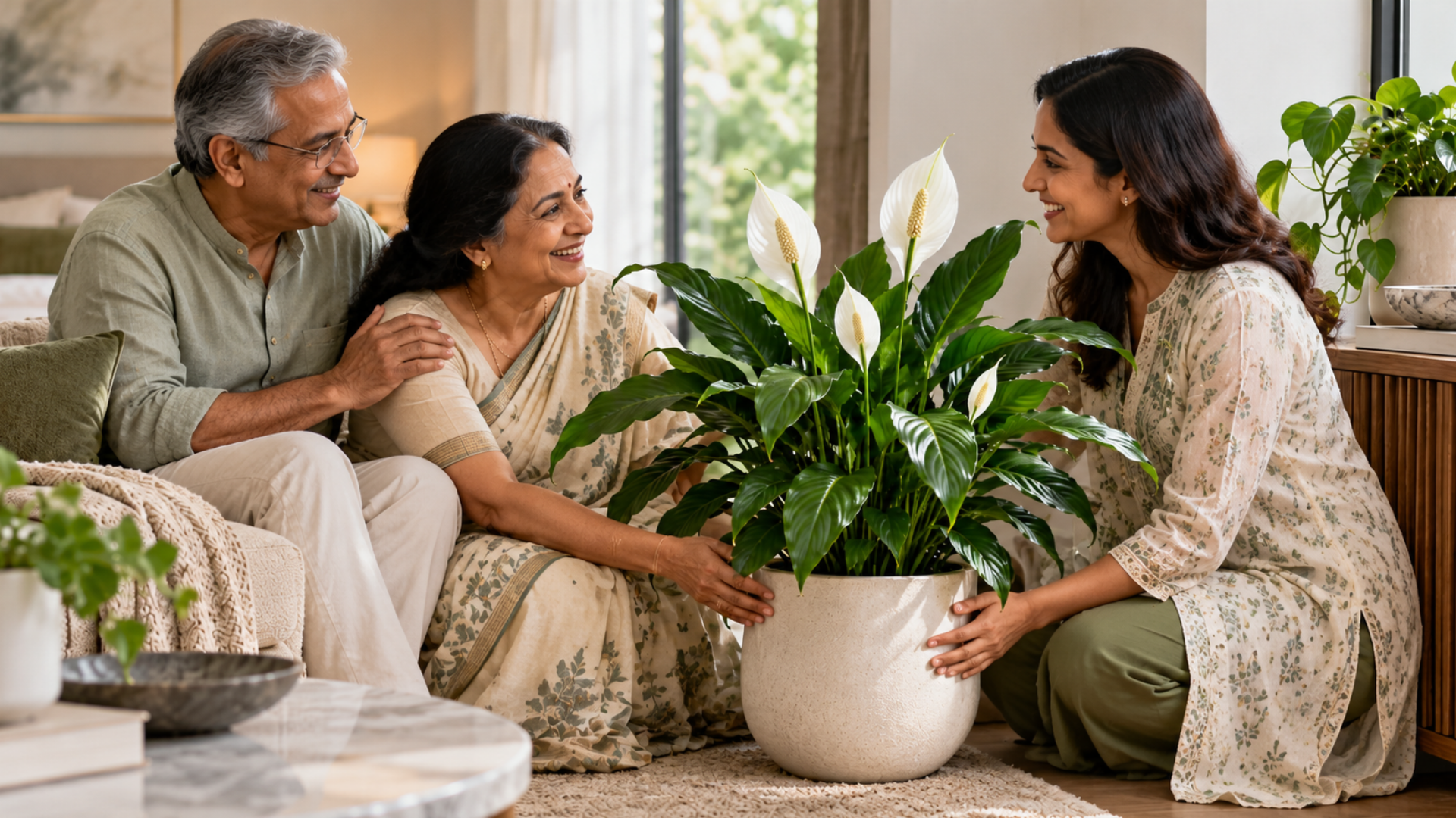 Daughter gifts peace lily to parents