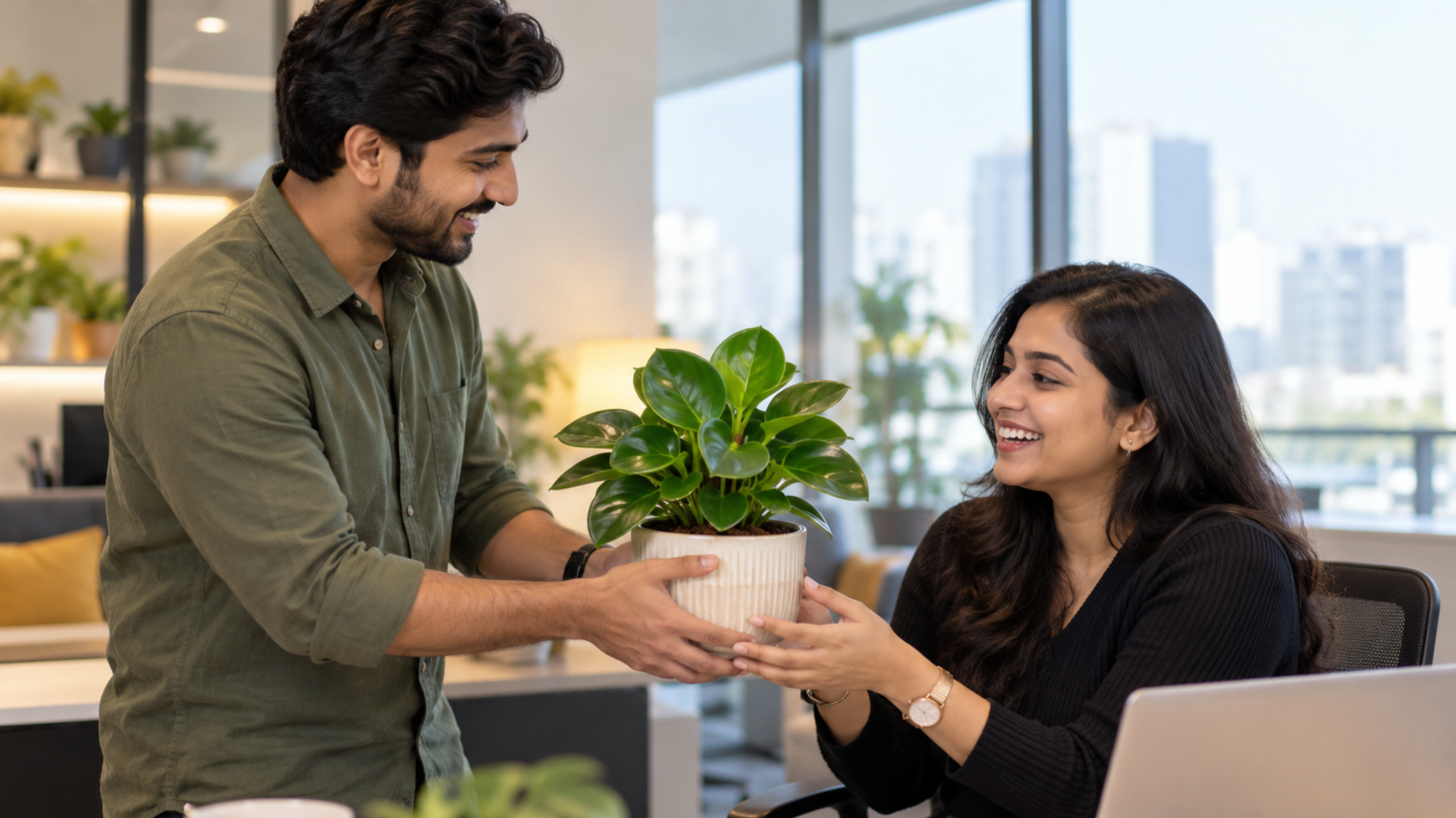 Man gifts peperomia plant to colleague