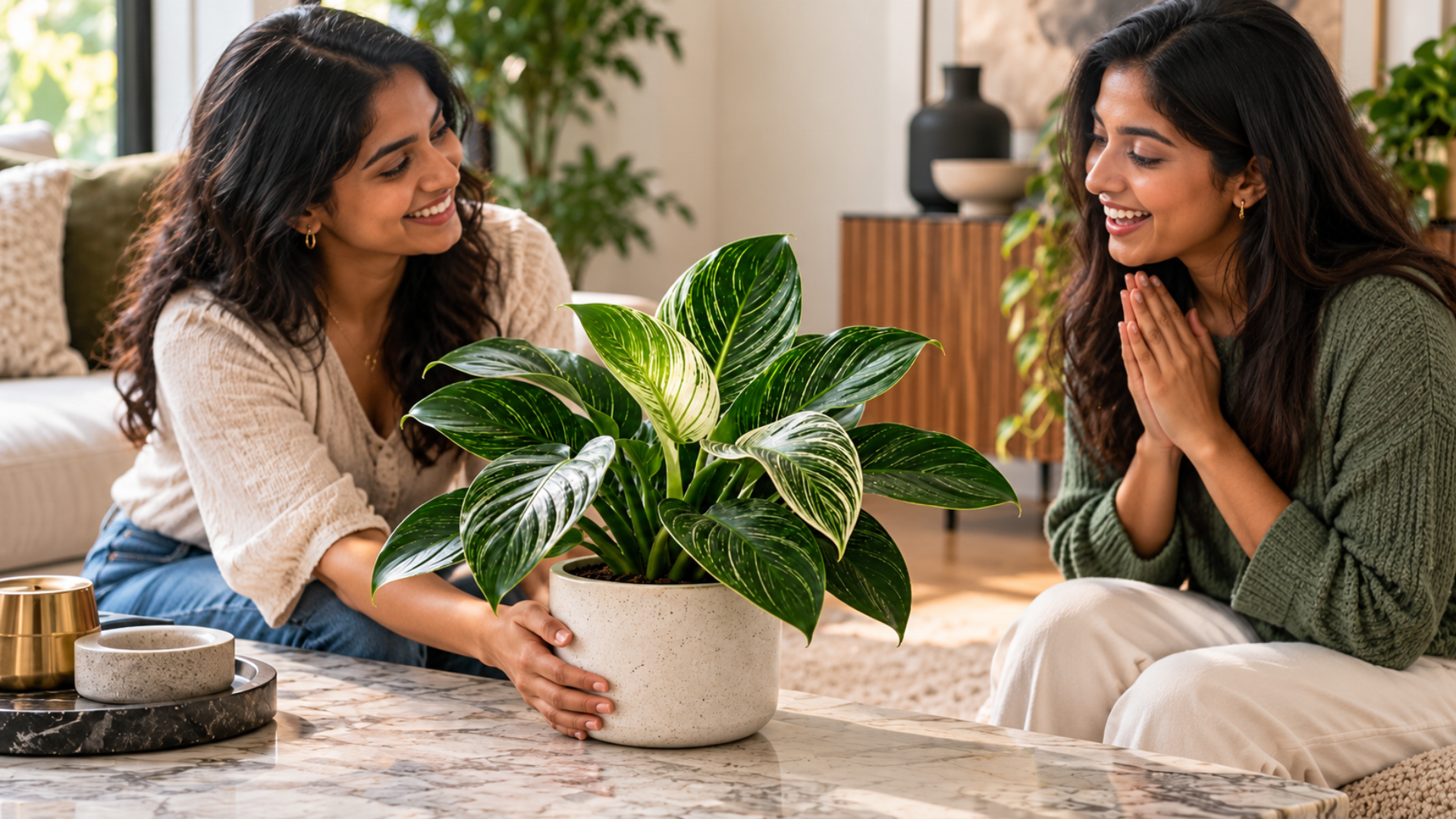 Woman gifts philodendron birkin to friend 