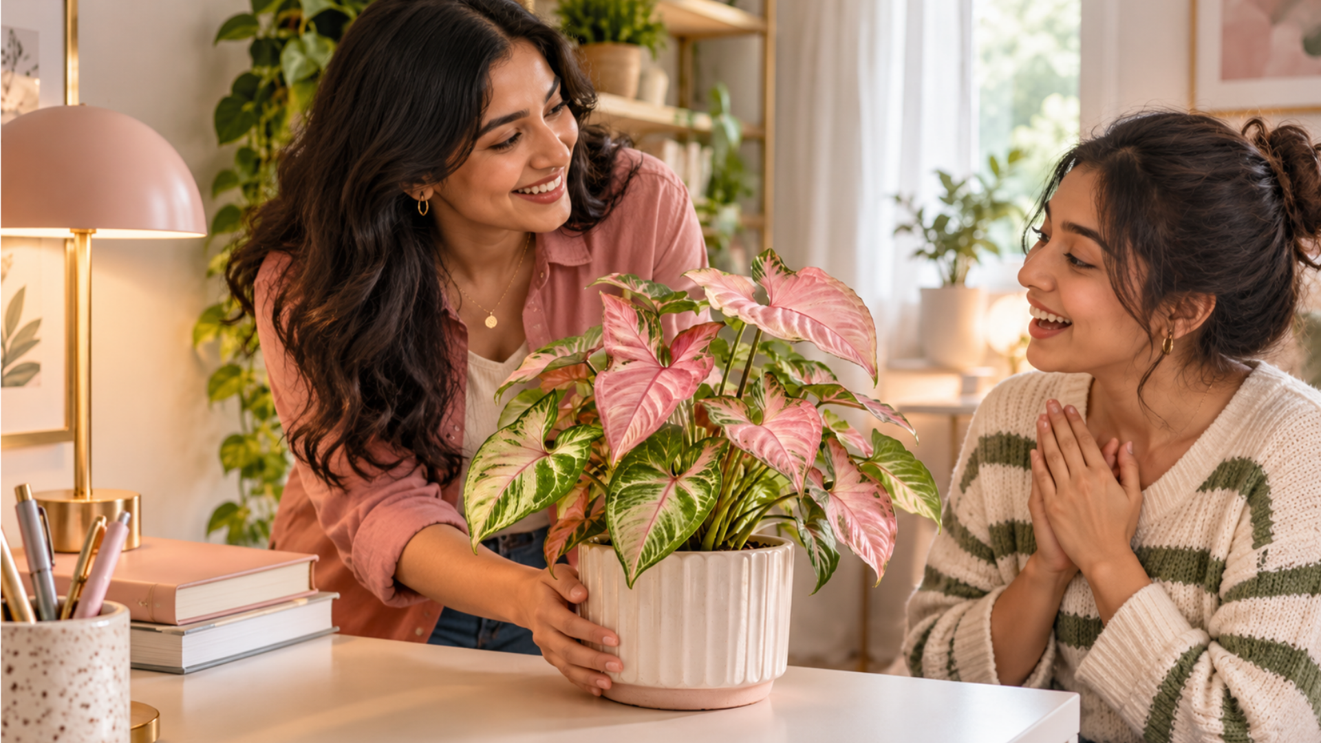 Friend gifts pink syngonium plant indoors