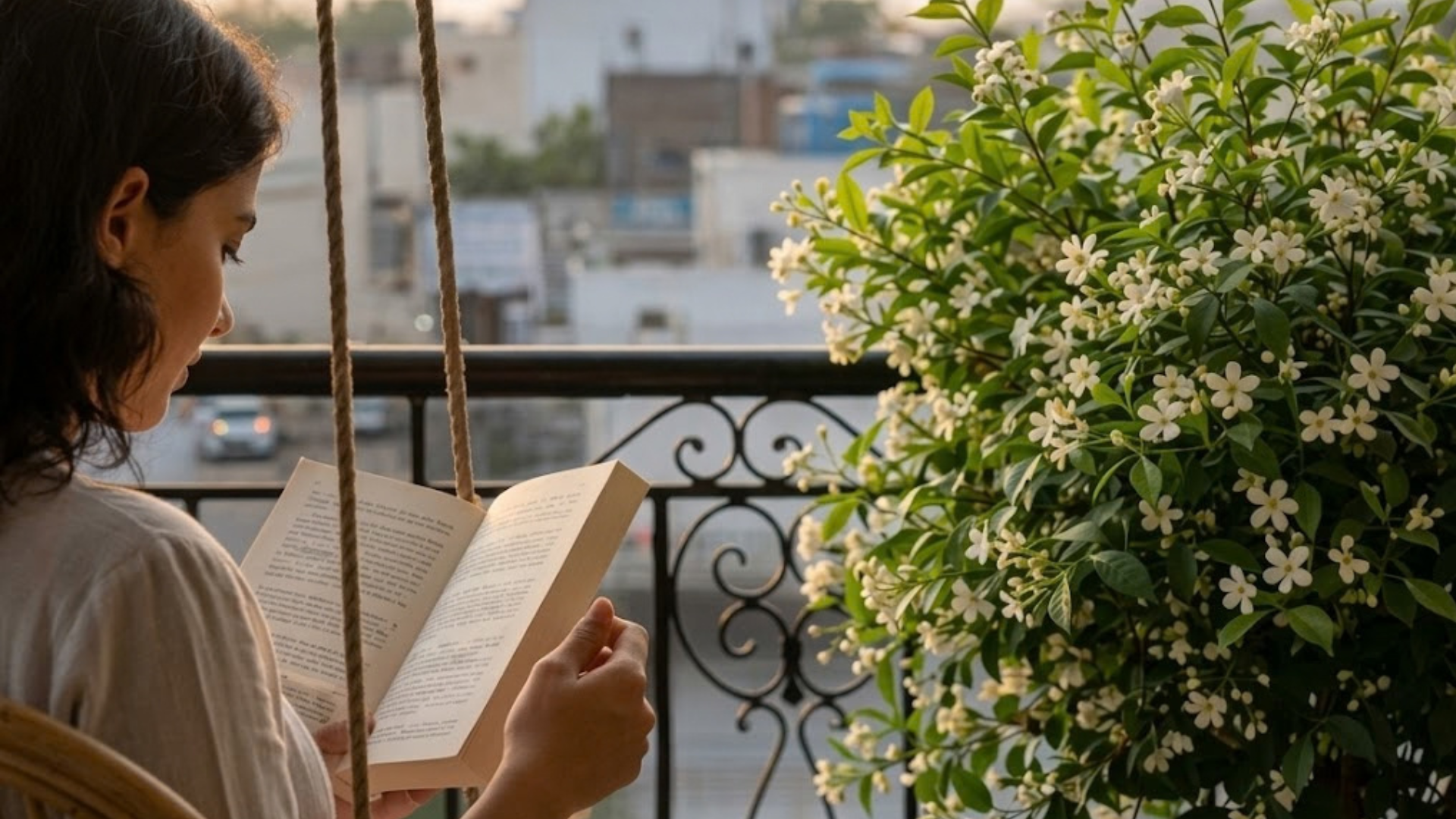 Woman reading a book on a balcony swing next to a blooming Madhu Kamini plant in a pot